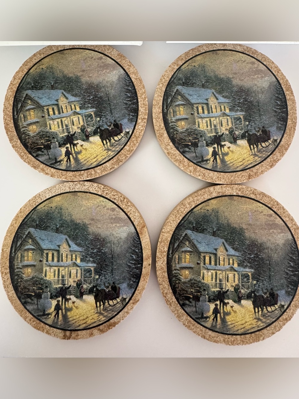 Set Of 4 Thomas Kinkade Thirstystone Coasters Sleigh Ride Home Sandstone & Cork